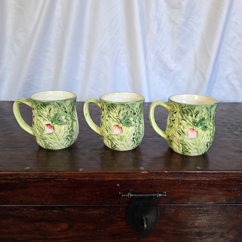 Shafford Rabbit Patch Cabbage Mugs Set of 3 Vintage Ceramic Bunny Green 4in